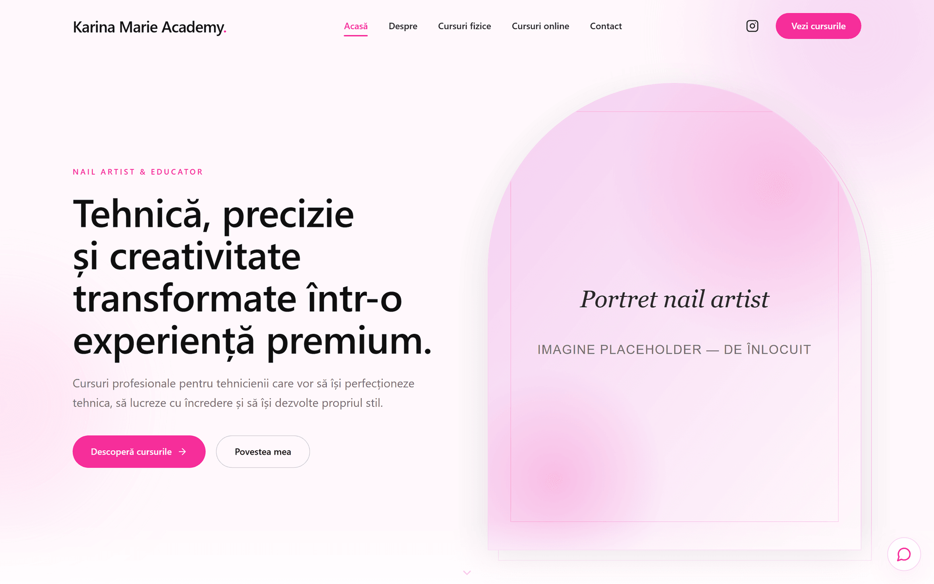 Karina Marie Academy — pagina principală, versiunea desktop
