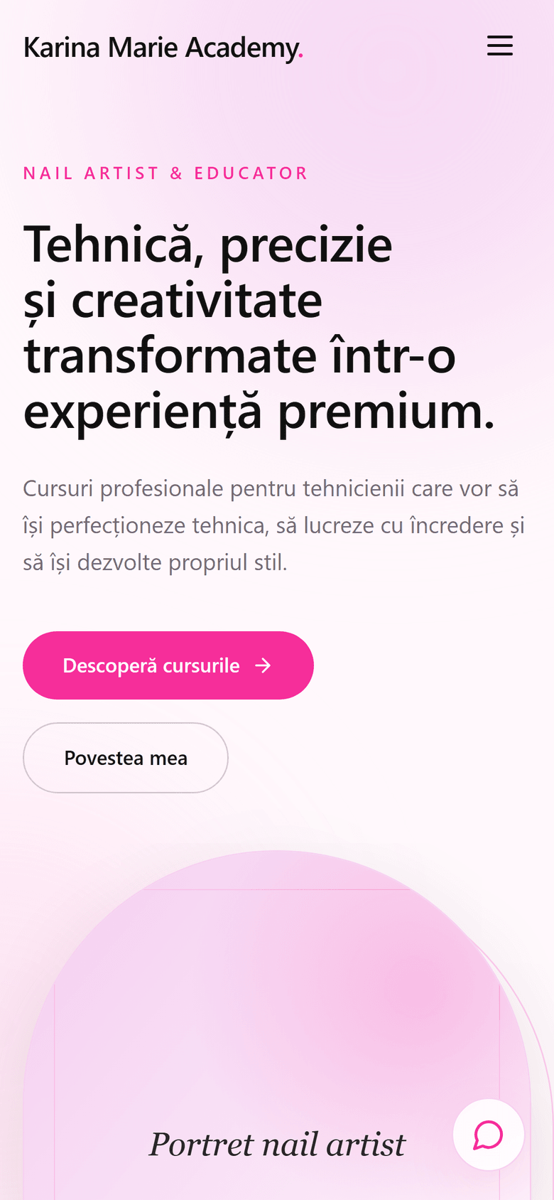 Karina Marie Academy — pagina principală, versiunea mobil
