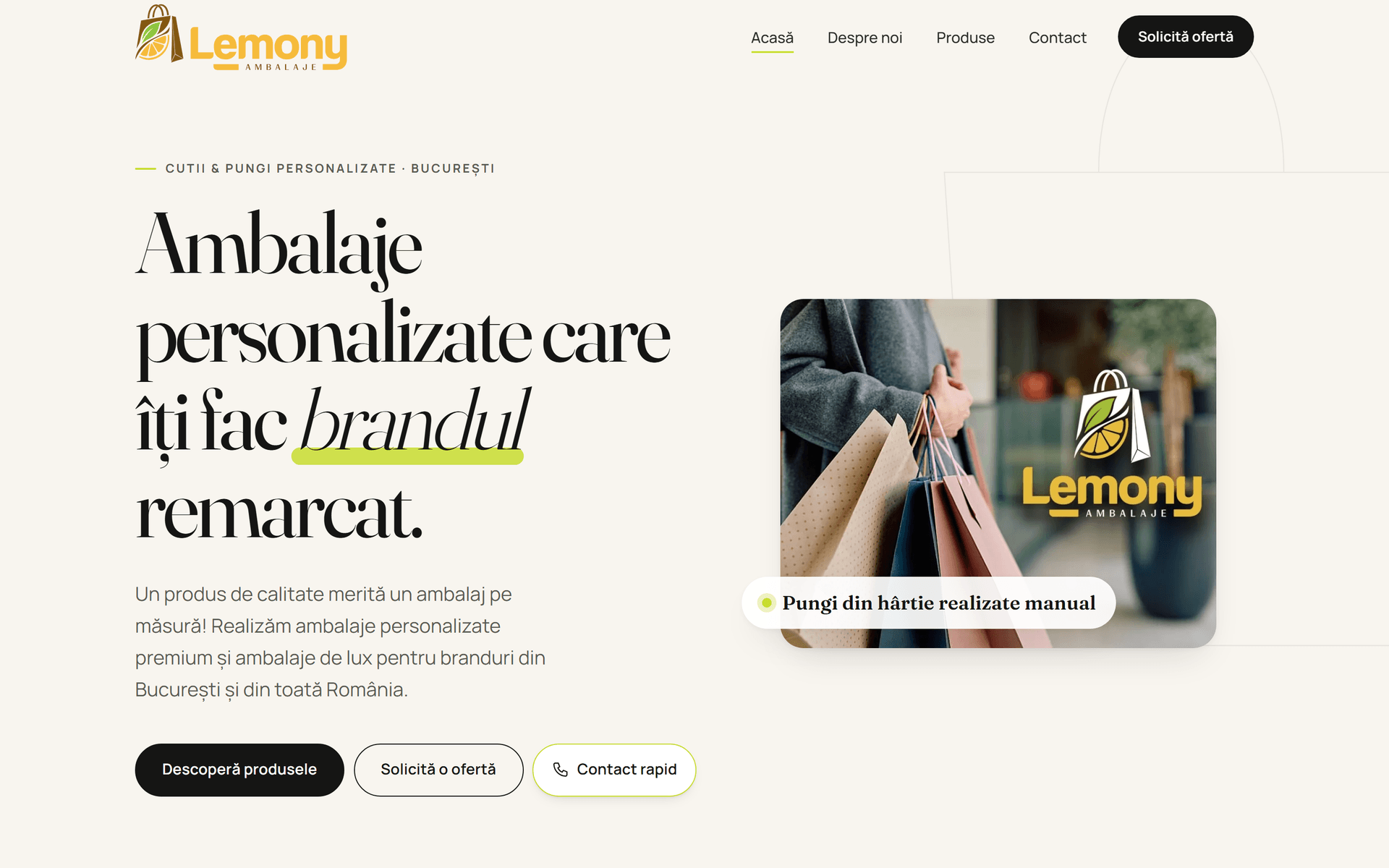 Lemony Ambalaje — pagina principală, versiunea desktop
