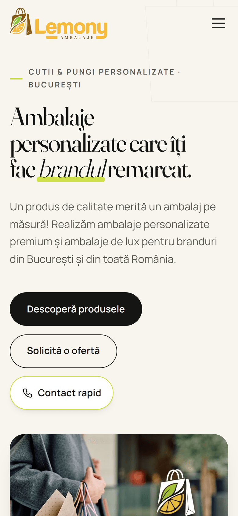Lemony Ambalaje — pagina principală, versiunea mobil