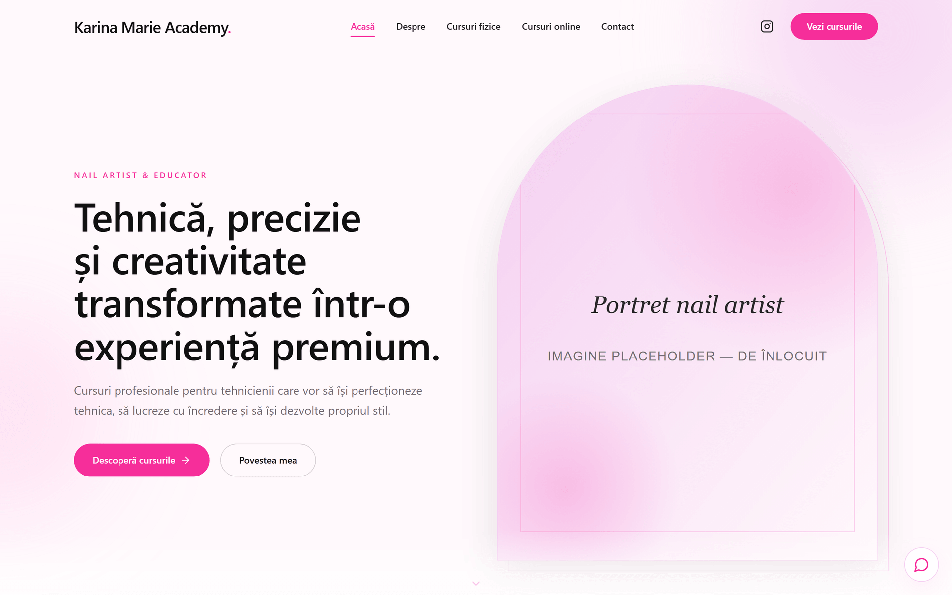 Karina Marie Academy — pagina principală, versiunea desktop